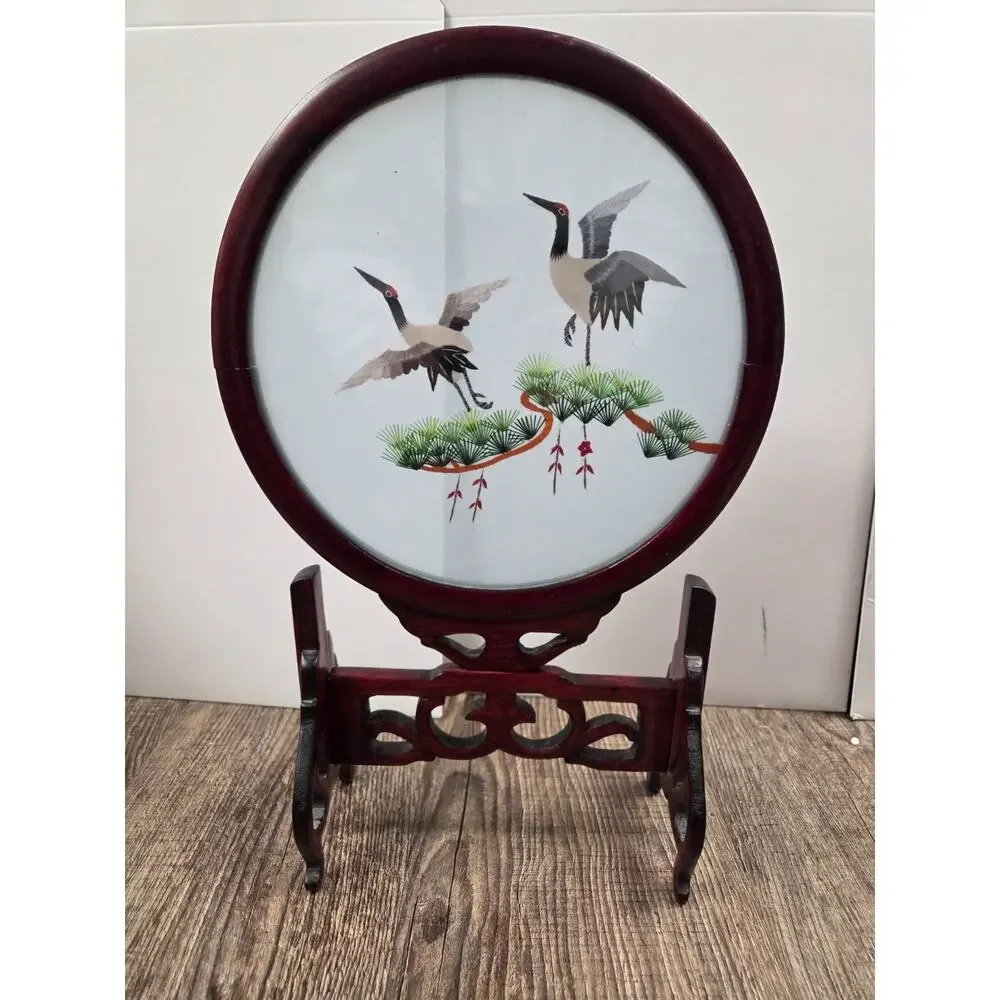 Vintage Chinese Suzhan Spun Silk Hand Embroidered Cranes In Double Sided Frame